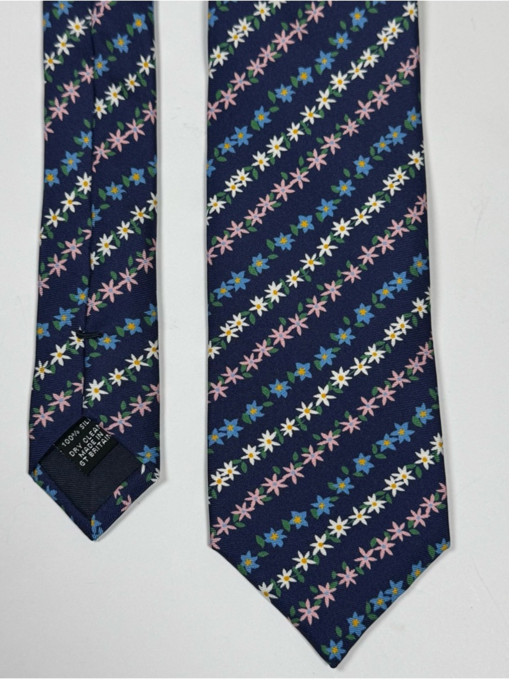 Joseph Turner Silk Tie in Floral Stripe Navy Pink Blue